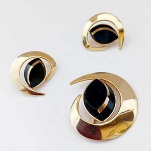 Black Saturn Black Gold Brooch Earrings Sarah Coventry Mid-Century Vintage USA